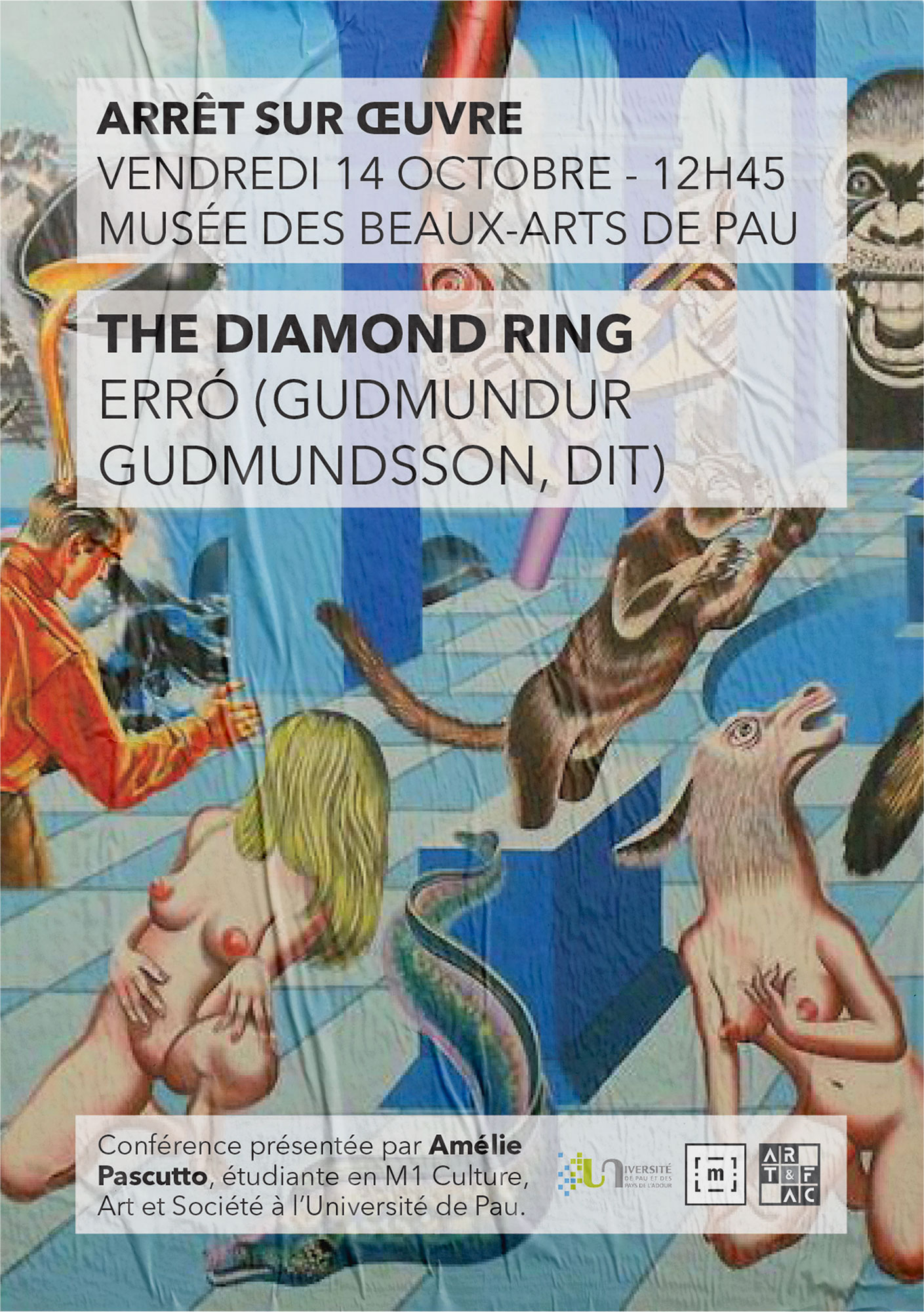 Affiche de la conférence sur l'oeuvre The Diamond ring de Erro présentée par Amélie Pascutto